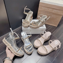 BMC15 SANDAL xuồng nữ Bonita Shoes da bóng đế viền dây cối quai đính hột đinh vàng 7 cm - NS12