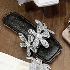 N58 Dép quai ngang mica 3 bông đá đế bệt - G145