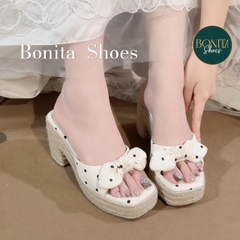 D225 Dép xuồng nữ đế cối Bonita Shoes eo L quai ngang Nơ thắt CHẤM BI cao 8cm - NS1