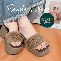 BM266 Dép xuồng nữ Bonita Shoes quai bản LÔNG MỀM phối quai ngang nơ nhí cao 7 cm -  NS1