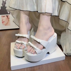 PU207 Dép xuồng nữ Bonita Shoes đúc 2 quai ngang nơ nhí 11cm đế đúp lót hoa - NS2