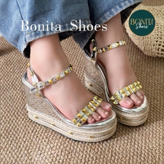 BMC15 SANDAL xuồng nữ Bonita Shoes da bóng đế viền dây cối quai đính hột đinh vàng 7 cm - NS12