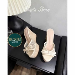 BMC408 Dép xuồng nữ đế cối Bonita Shoes quai ngang LƯỚI thắt nơ cao 11cm - NS12