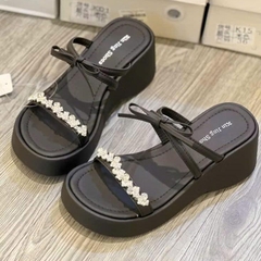 BM241 Dép xuồng nữ Bonita Shoes quai ngang đá liti phối nơ thắt 6 cm - NS2