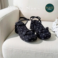 D144 Sandal xuồng nữ Bonita Shoes CHẤM BI thắt nơ cao 8cm - NS12