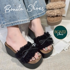 DX192 Dép xuồng nữ Bonita Shoes quai bản ngang lông xù xoắn đính nơ siêu xinh cao 7cm - NS12