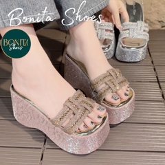 BM288 Dép xuồng bánh mì nữ Bonita Shoes 2 quai ĐÁ ĐAN da mềm xinh cao 7 phân - NS2