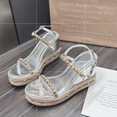 BMC15 SANDAL xuồng nữ Bonita Shoes da bóng đế viền dây cối quai đính hột đinh vàng 7 cm - NS12