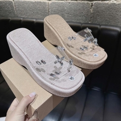 N12 Dép xuồng quai ngang mica đính đá lót vải đế 7cm - BM242