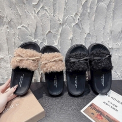 DX192 Dép xuồng nữ Bonita Shoes quai bản ngang lông xù xoắn đính nơ siêu xinh cao 7cm - NS12