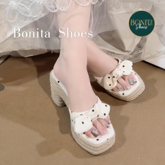 D225 Dép xuồng nữ đế cối Bonita Shoes eo L quai ngang Nơ thắt CHẤM BI cao 8cm - NS1