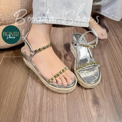 BMC15 SANDAL xuồng nữ Bonita Shoes da bóng đế viền dây cối quai đính hột đinh vàng 7 cm - NS12