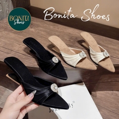 G288 Guốc cao gót nữ Bonita Shoes mũi nhọn quai ngang nhúm đính đá gót pháp sang trọng - NS12