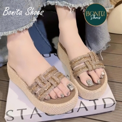 DX921 Dép xuồng nữ đế cối Bonita Shoes quai ngang đá đan lót da cao 5 cm - NS1