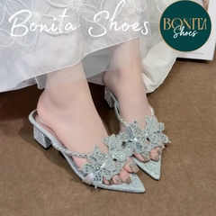 G701 Guốc cao gót nữ Bonita Shoes quai ngang đính đá B bông cao 5 phân - NS58