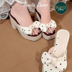D225 Dép xuồng nữ đế cối Bonita Shoes eo L quai ngang Nơ thắt CHẤM BI cao 8cm - NS1