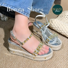 BMC23 Sandal xuồng nữ Bonita Shoes đế xuồng viền cối si bóng đính đá nút cao 9 cm - NS12