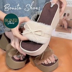 BM266 Dép xuồng nữ Bonita Shoes quai bản LÔNG MỀM phối quai ngang nơ nhí cao 7 cm -  NS1