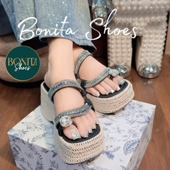 BONITA SHOES  Dép xuồng nữ xỏ hột đá eo đá láp lánh đế giả cối xinh 9 cm - N12