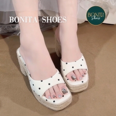 D145 Dép xuồng nữ đế cối Bonita Shoes eo L quai ngang CHẤM BI cao 8cm - NS1
