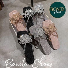 NS58 Dép đế bệt mũi vuông quai kẹp đá mảnh BÔNG phối - Bonita Shoes D28