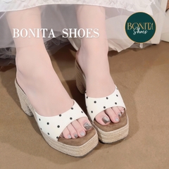 D145 Dép xuồng nữ đế cối Bonita Shoes eo L quai ngang CHẤM BI cao 8cm - NS1