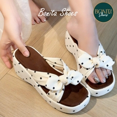 D517 Dép xuồng nữ Bonita Shoes CHẤM BI quai ngang Nơ thắt cao 5cm - NS12