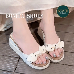 D526 Dép xuồng nữ đế cối Bonita Shoes mũi tròn CHẤM BI quai ngang Nơ thắt cao 5cm C - NS1