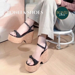 BMC275 Sandal xuồng nữ Bonita Shoes đế GỖ quai ngang Nơ thắt cao 11cm - NS1