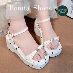 D144 Sandal xuồng nữ Bonita Shoes CHẤM BI thắt nơ cao 8cm - NS12