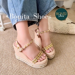 BMC15 SANDAL xuồng nữ Bonita Shoes da bóng đế viền dây cối quai đính hột đinh vàng 7 cm - NS12