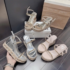 BMC23 Sandal xuồng nữ Bonita Shoes đế xuồng viền cối si bóng đính đá nút cao 9 cm - NS12