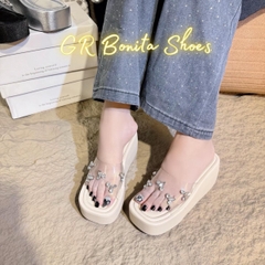 N12 Dép xuồng quai ngang mica đính đá lót vải đế 7cm - BM242