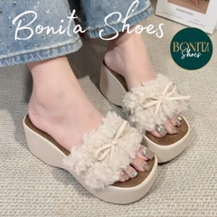 DX192 Dép xuồng nữ Bonita Shoes quai bản ngang lông xù xoắn đính nơ siêu xinh cao 7cm - NS12