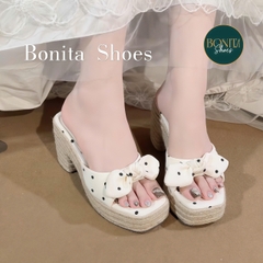 D225 Dép xuồng nữ đế cối Bonita Shoes eo L quai ngang Nơ thắt CHẤM BI cao 8cm - NS1