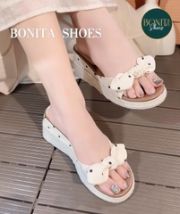 D526 Dép xuồng nữ đế cối Bonita Shoes mũi tròn CHẤM BI quai ngang Nơ thắt cao 5cm C - NS1