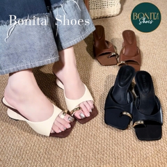 Cao gót nữ Bonita Shoes quai ngang mũi vuông xỏ ngón khóa vàng GÓT MỚI cao 6cm - NS1