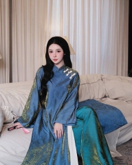 AD xanh dương tơ óng 4 tà cổ 3p 3 nơ kem ( quần xanh đậm tơ óng) CS1