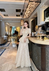 VT Set kem ren hoa cổ V sóng tay cộc +cvay dài