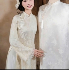 AD kem ren 4 tà lót lụa đính tag hoa trắng +quần kem trơn