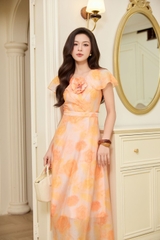 Salmon 3D Flower Organza Flared Dress