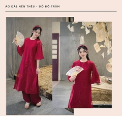 AD đỏ cổ tròn thêu lá dài
