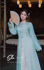 AD tứ thân xanh dương cách tân 4 tà lót ren + quần be thường