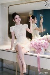 VT trắng ren cộc tay đính nơ eo - CS2