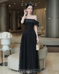VT đen trễ vai ren hoa mix nơ vai cs1