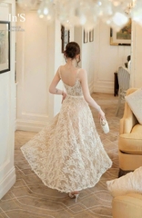 VT trắng ren lót be 2 dây đính nơ eo