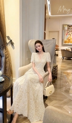 VT Set kem ren hoa cổ V sóng tay cộc +cvay dài