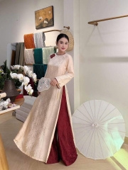 AD lụa thọ rơi kem viền đỏ đính tag vai + quần thọ rơi đỏ