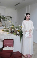 AD lụa thọ kem viền hồng cổ tròn đính nơ +quần tơ óng