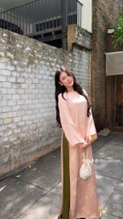AD hồng cổ tròn họa tiết hoa sen lót tơ ánh xanh + quần xanh rêu tơ ánh CS1